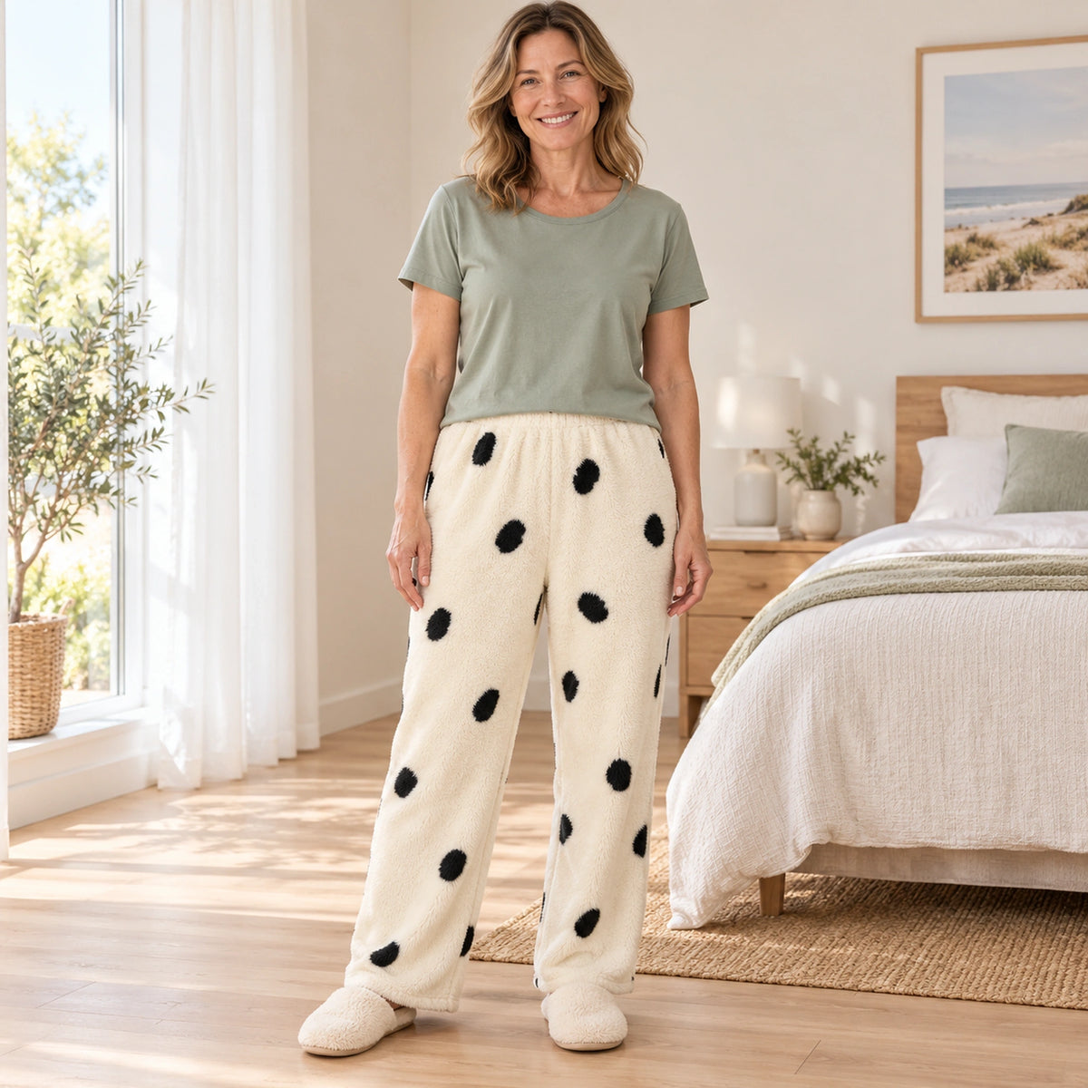 Cream Black Spot Print plush pajama pants, complete front view at home — view 2