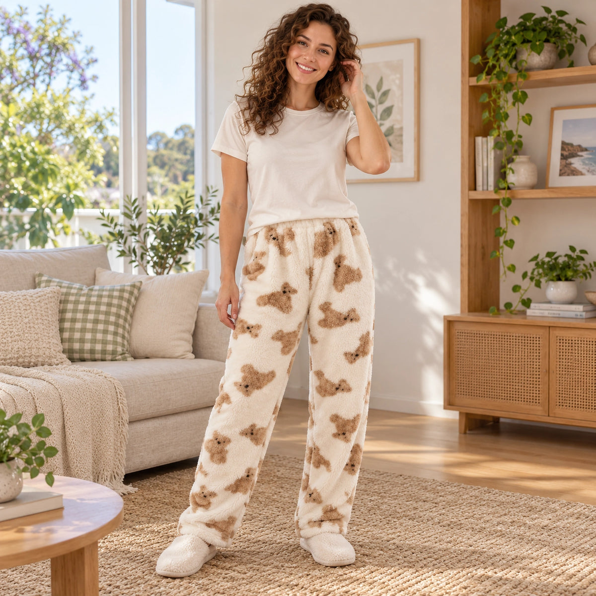Cream Bear Print plush pajama pants, full three quarter view on a model at home — view 3