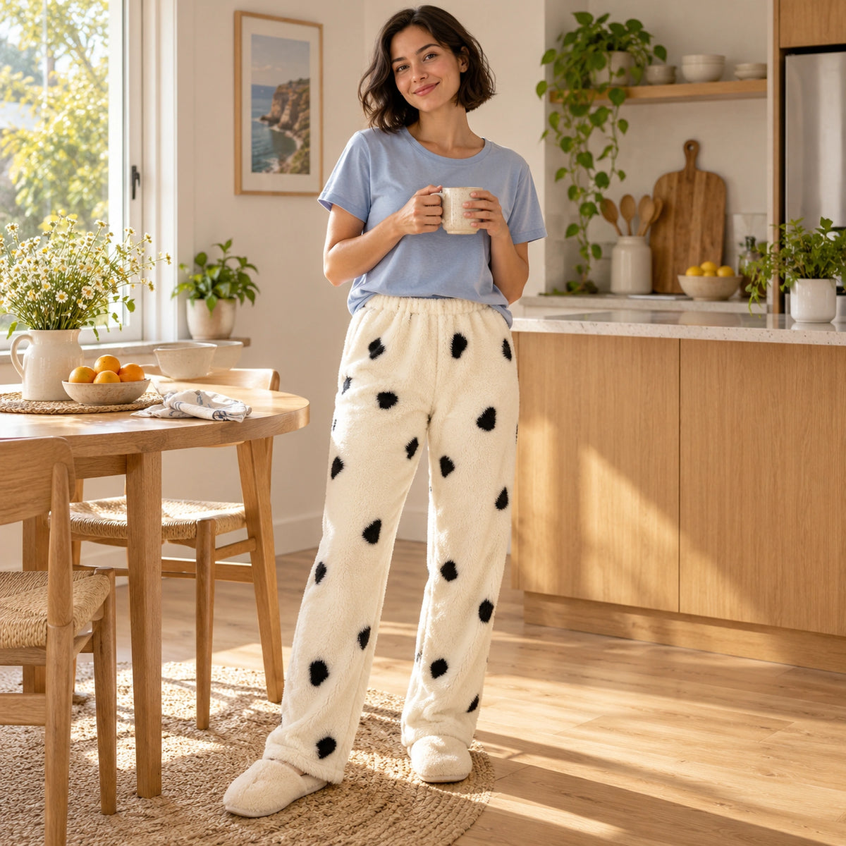 Cream Black Spot Print plush pajama pants, model in a sunlit home kitchen — view 6