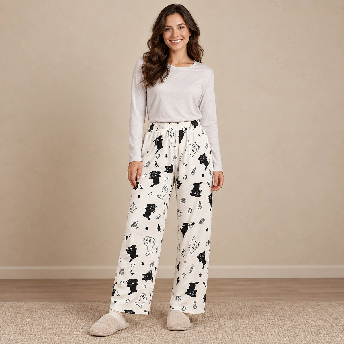 Women's Printed Straight Leg Pajama Pants — Stella, White Cat Print, complete front view, worn by an adult model