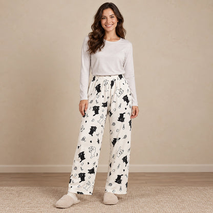 Women's Printed Straight Leg Pajama Pants — Stella, White Cat Print, complete front view, worn by an adult model