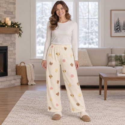 Women's Printed Straight Leg Pajama Pants — Stella, Cream Bear Print, complete front view, worn by an adult model — view 3