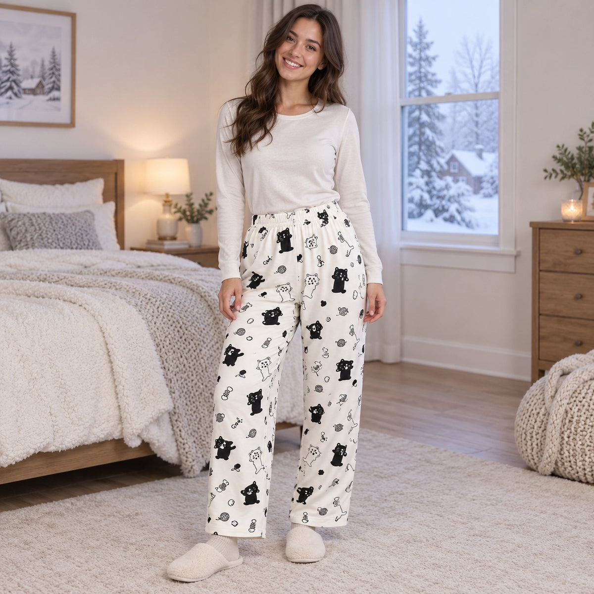 Women's Printed Straight Leg Pajama Pants — Stella, White Cat Print, three quarter view, worn by an adult model, Usa — view 5