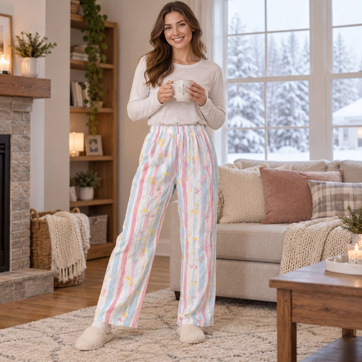 Women's Printed Straight Leg Pajama Pants — Stella, Pink Blue Stripe, view, worn by an adult model, Usa and Canada — view 7