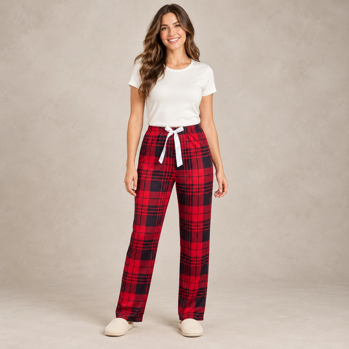 Red And Black Plaid pajama pants, complete front view in a warm neutral