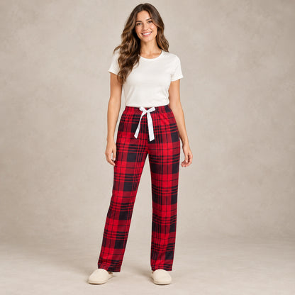 Red And Black Plaid pajama pants, complete front view in a warm neutral