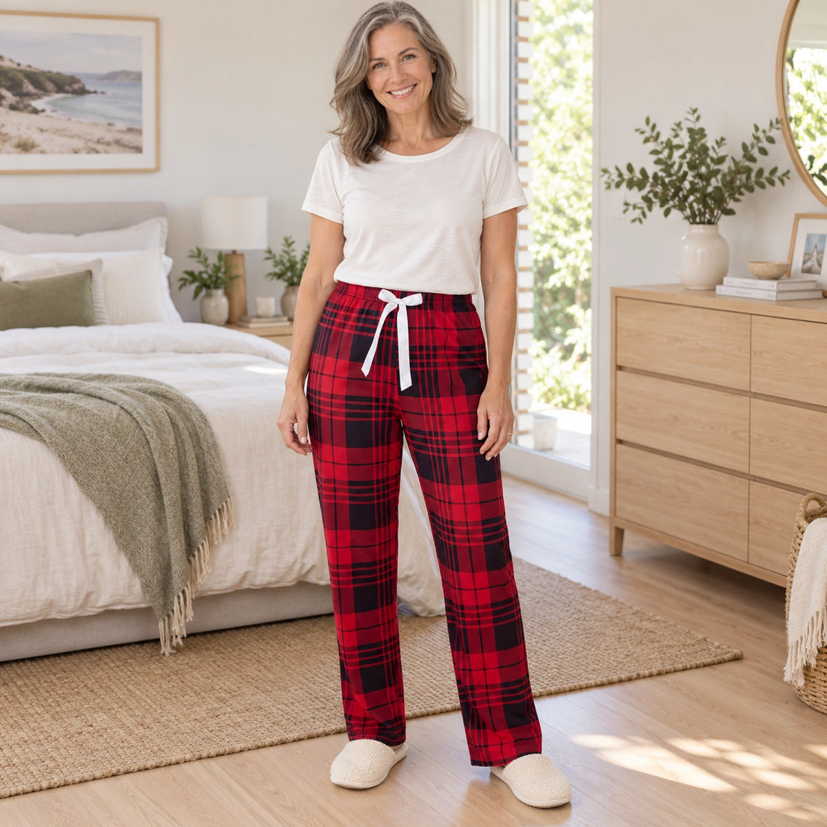Red And Black Plaid pajama pants, complete front view on mature model at home — view 2