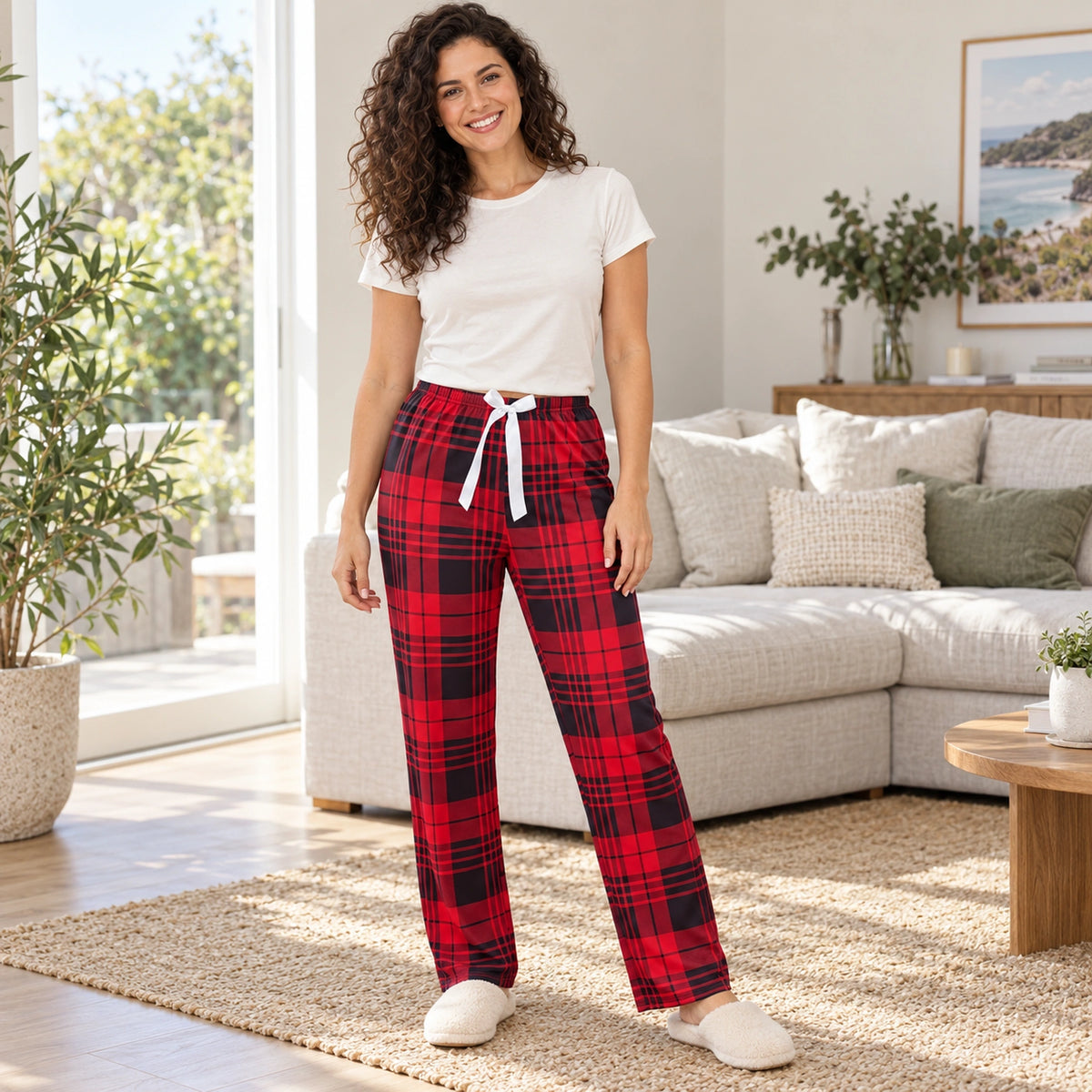 Red And Black Plaid pajama pants, complete three quarter view at home — view 5