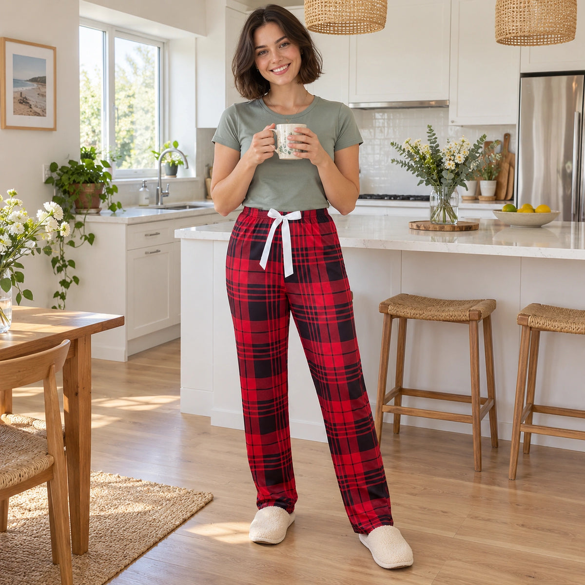 Red And Black Plaid pajama pants, complete garment enjoying a home kitchen morning — view 7