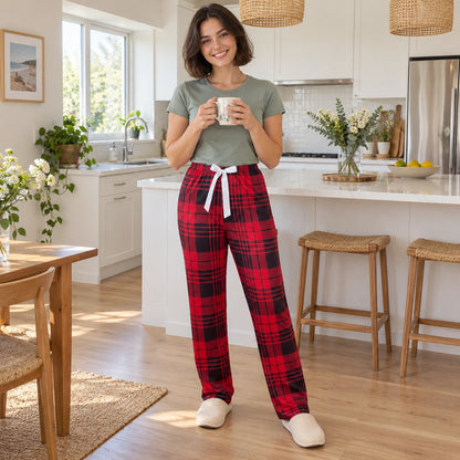 Red And Black Plaid pajama pants, complete garment enjoying a home kitchen morning — view 7