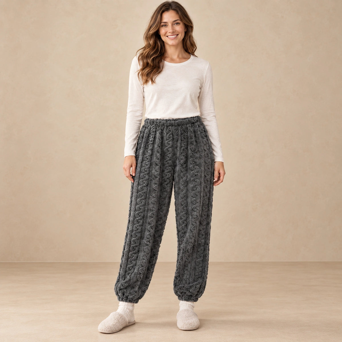Women's Textured Fleece Pajama Pants — Evelyn, Charcoal Gray, complete front view, worn by an adult model, professional image
