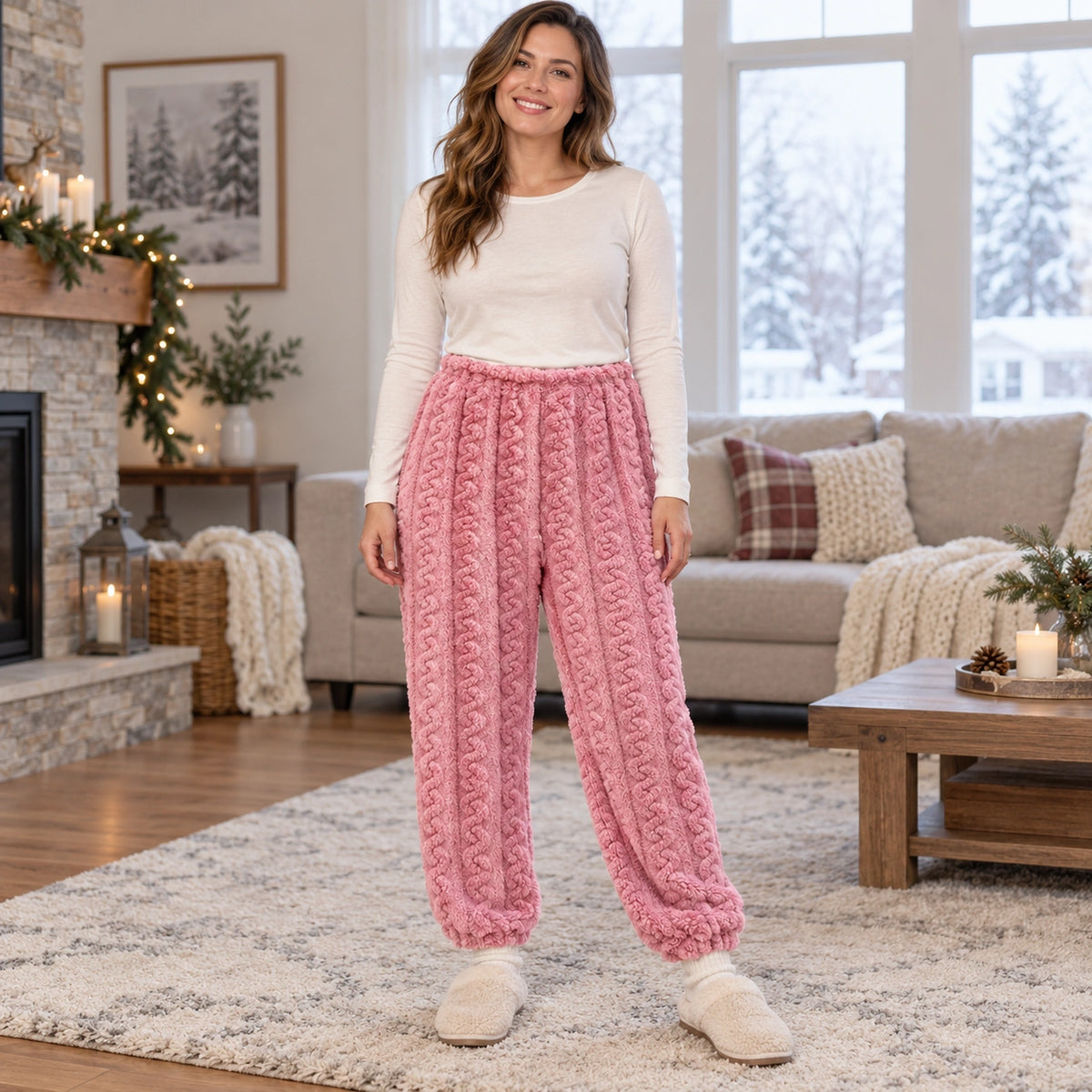 Women's Textured Fleece Pajama Pants — Evelyn, Rose Pink, complete front view, worn by an adult model, Usa and — view 3