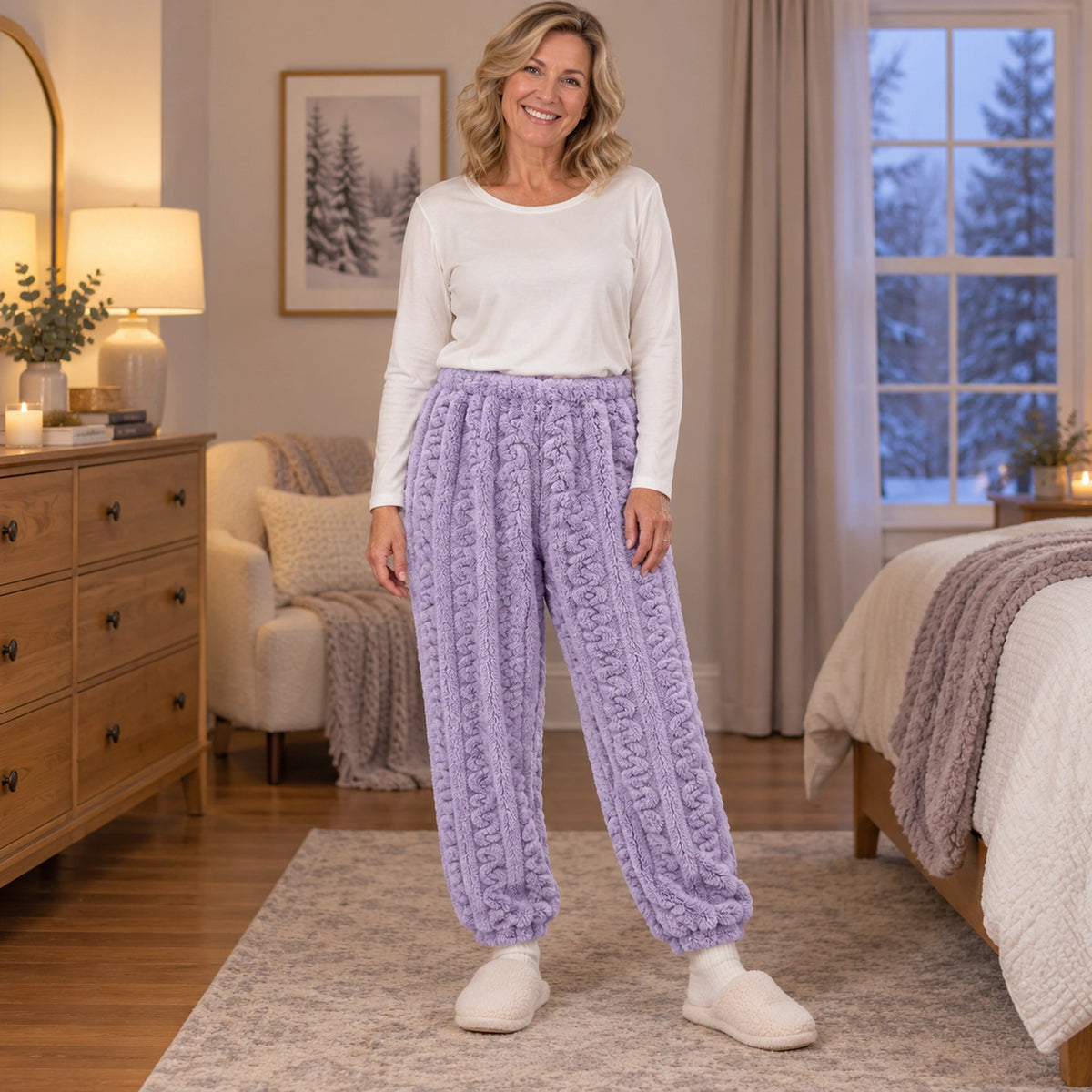 Women's Textured Fleece Pajama Pants — Evelyn, Lavender, complete front view, worn by an adult model, Usa and Canada — view 4