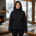parka coat — Aria black belted ski parka complete front view