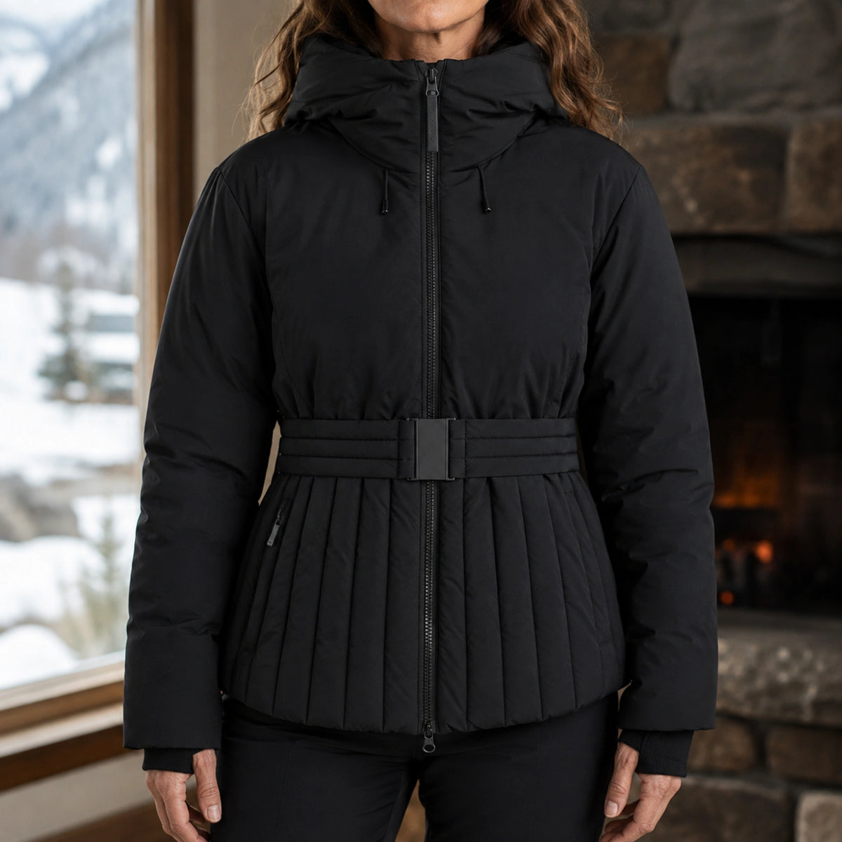 parka coat — Aria black ski parka belt zipper and quilting detail — view 11