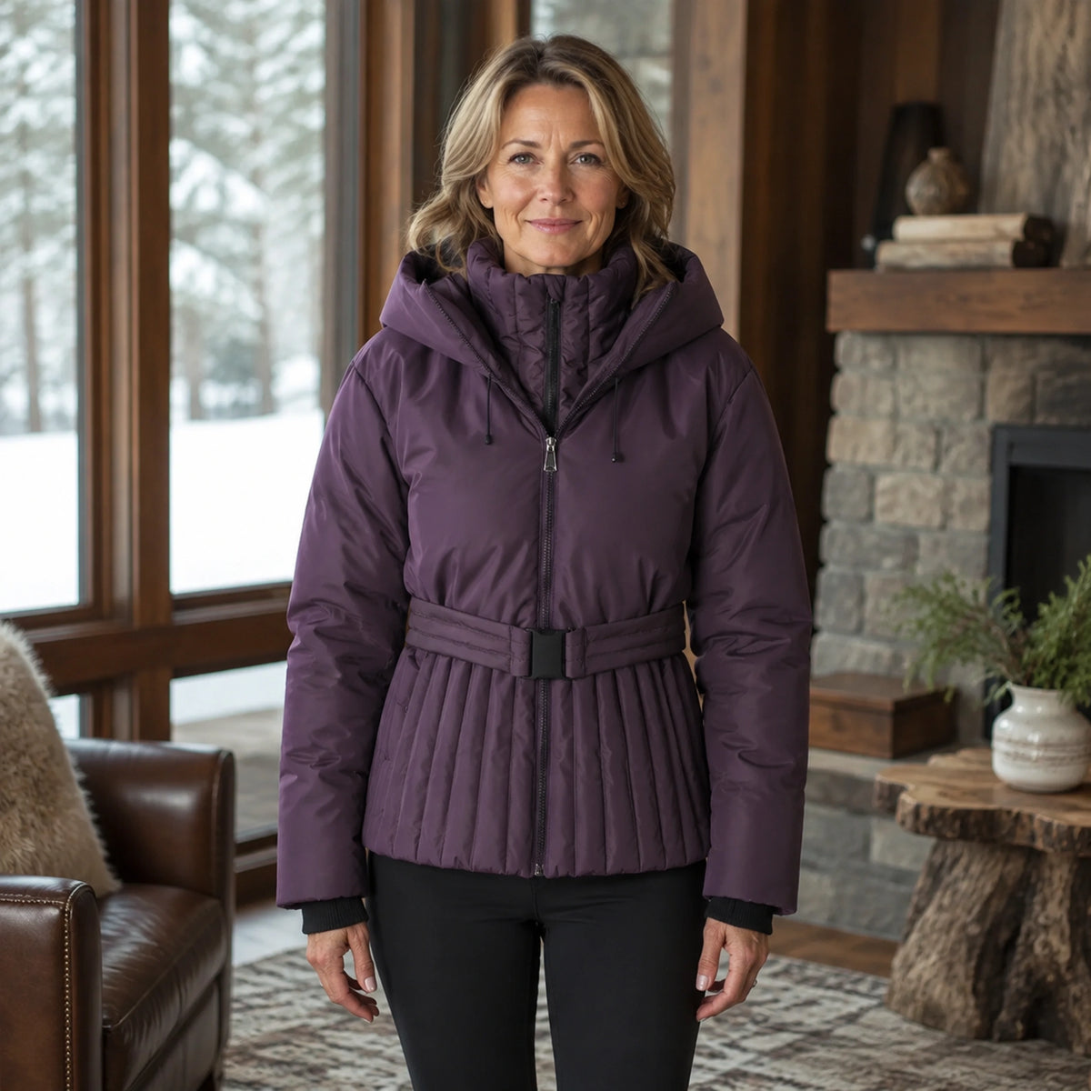 parka coat — Aria purple belted ski parka complete front view — view 2