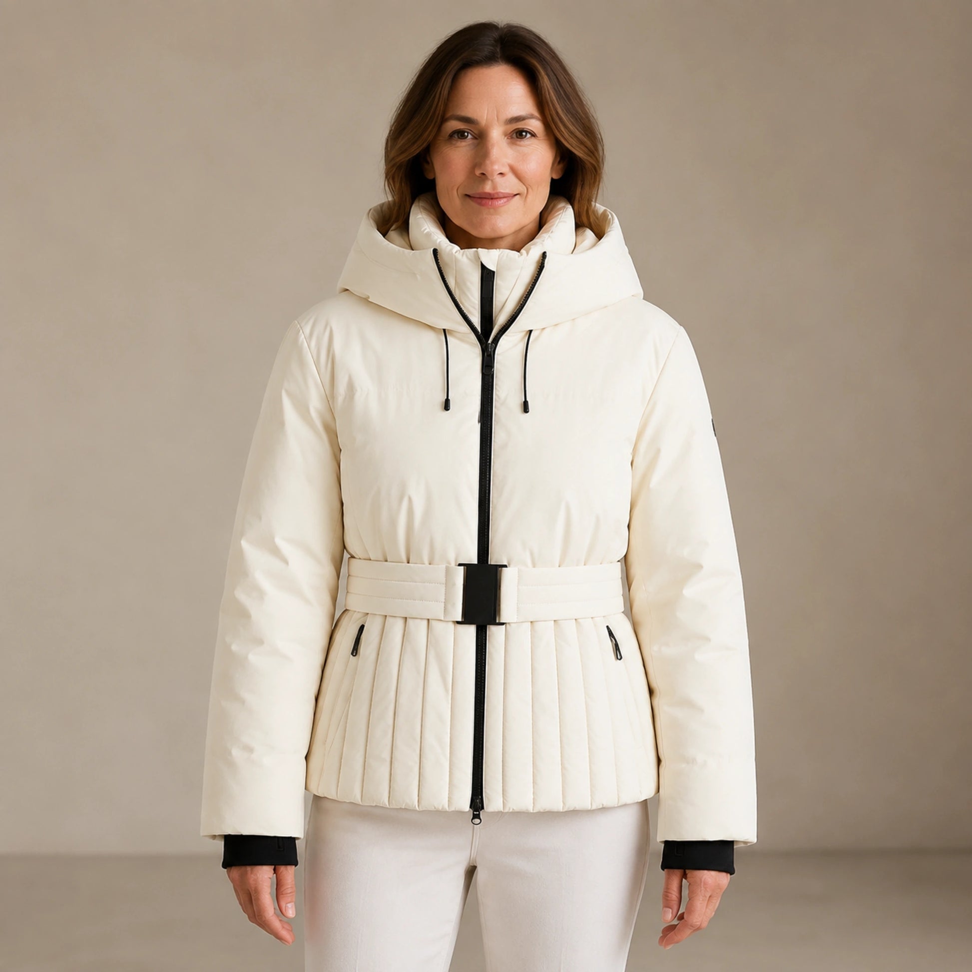 parka coat — Aria ivory belted ski parka complete front view — view 3