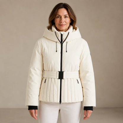 parka coat — Aria ivory belted ski parka complete front view — view 3