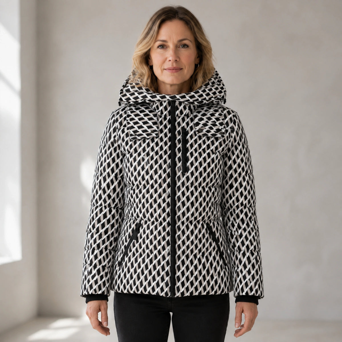 parka coat — Aria black and white geometric ski parka complete front view — view 4