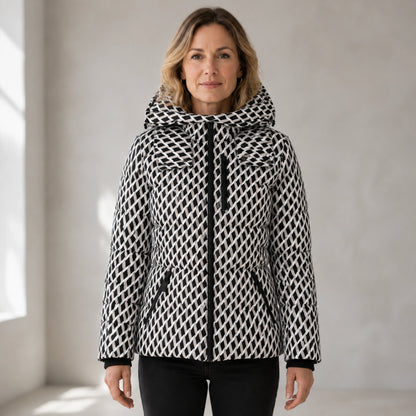 parka coat — Aria black and white geometric ski parka complete front view — view 4