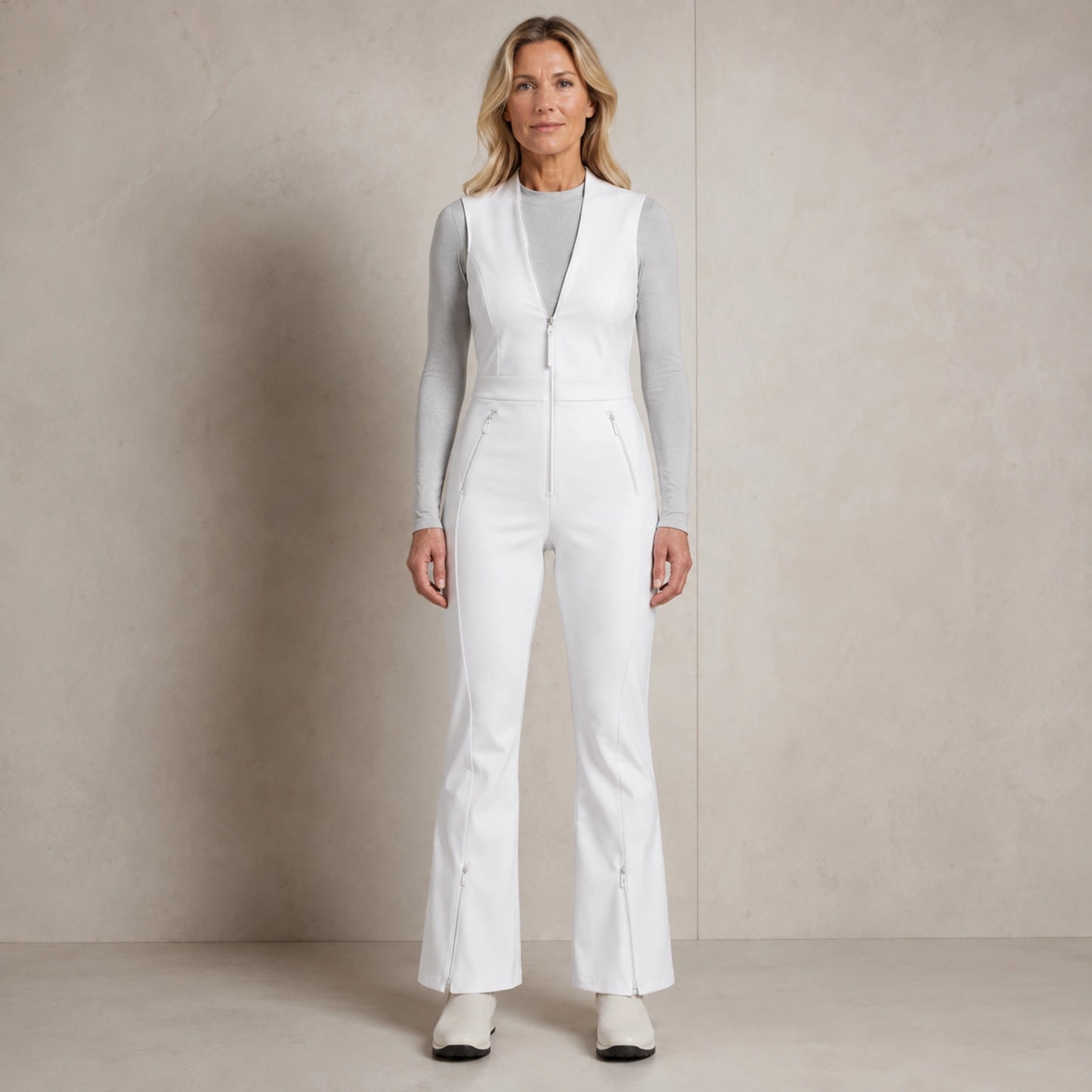parka coat — Aria white sleeveless ski jumpsuit complete front view — view 7