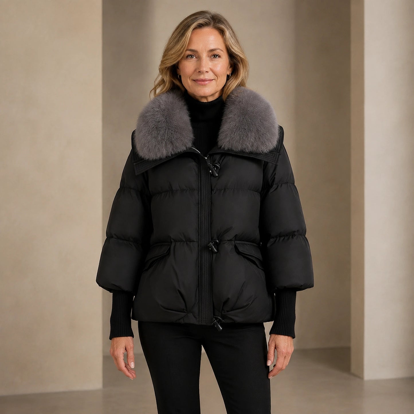 Aurora Plush Collar Padded Parka Coat in Black, complete centered front merchant image