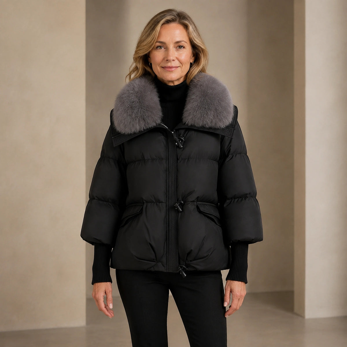 Aurora Plush Collar Padded Parka Coat in Black, complete centered front merchant image