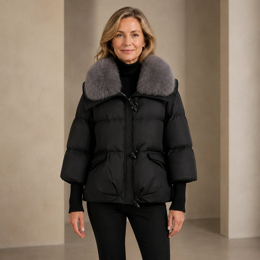 Aurora Plush Collar Padded Parka Coat in Black, complete centered front merchant image