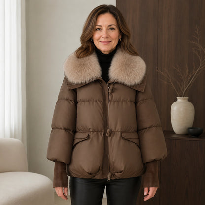 Aurora Plush Collar Padded Parka Coat in Brown, complete centered front merchant image — view 2