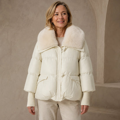 Aurora Plush Collar Padded Parka Coat in Beige, complete centered front merchant image — view 3