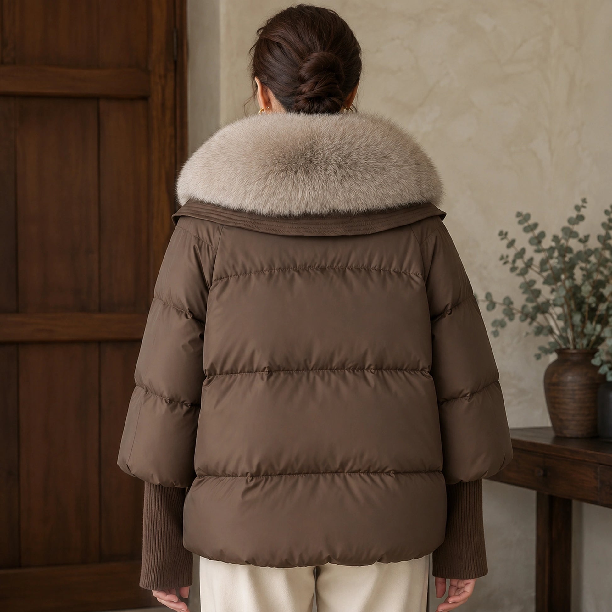 Aurora Plush Collar Padded Parka Coat in Brown, complete rear view showing and construction — view 4