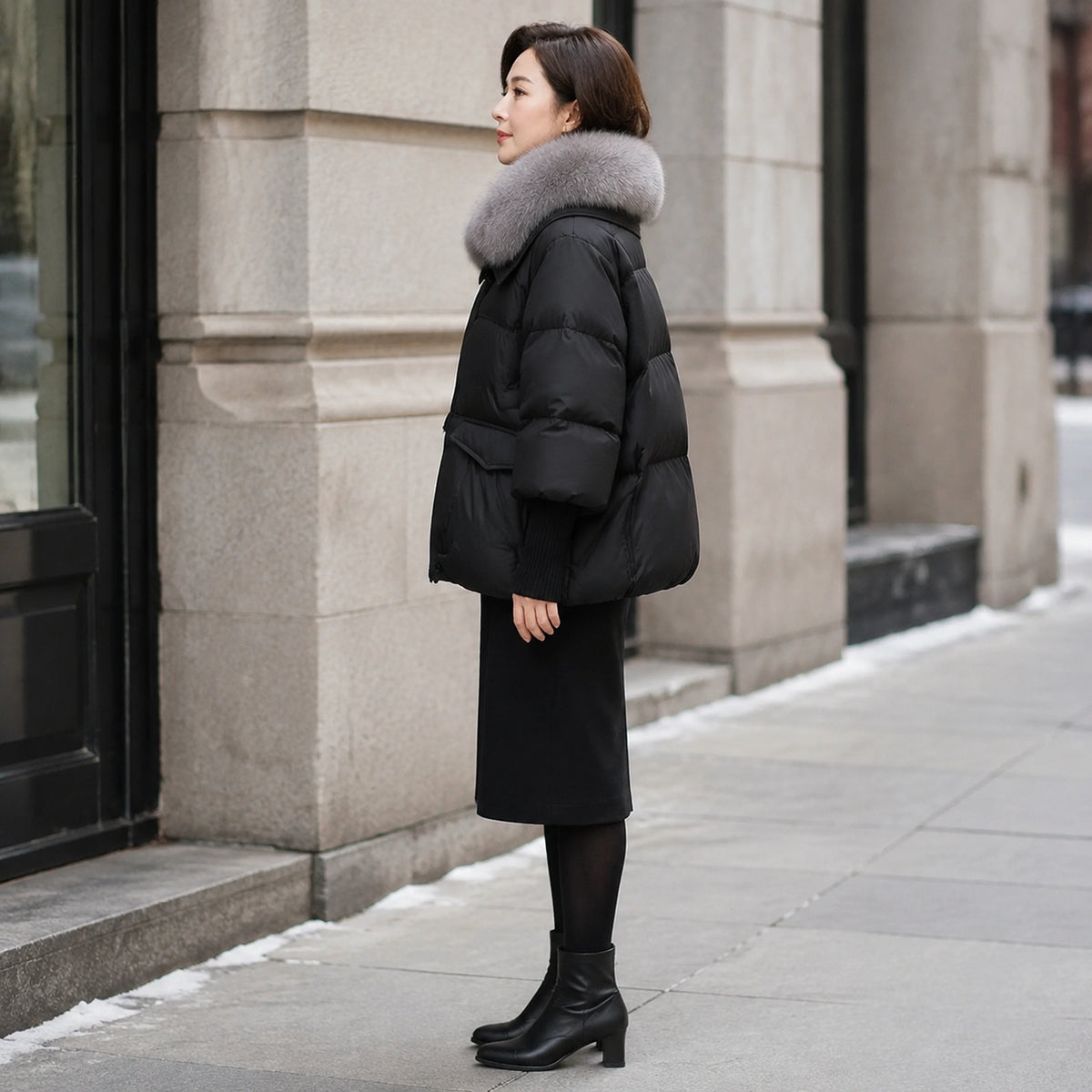 Aurora Plush Collar Padded Parka Coat in Black, true side profile showing hem, sleeve, and volume — view 5