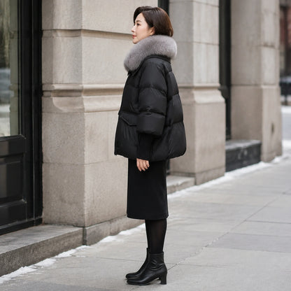 Aurora Plush Collar Padded Parka Coat in Black, true side profile showing hem, sleeve, and volume — view 5