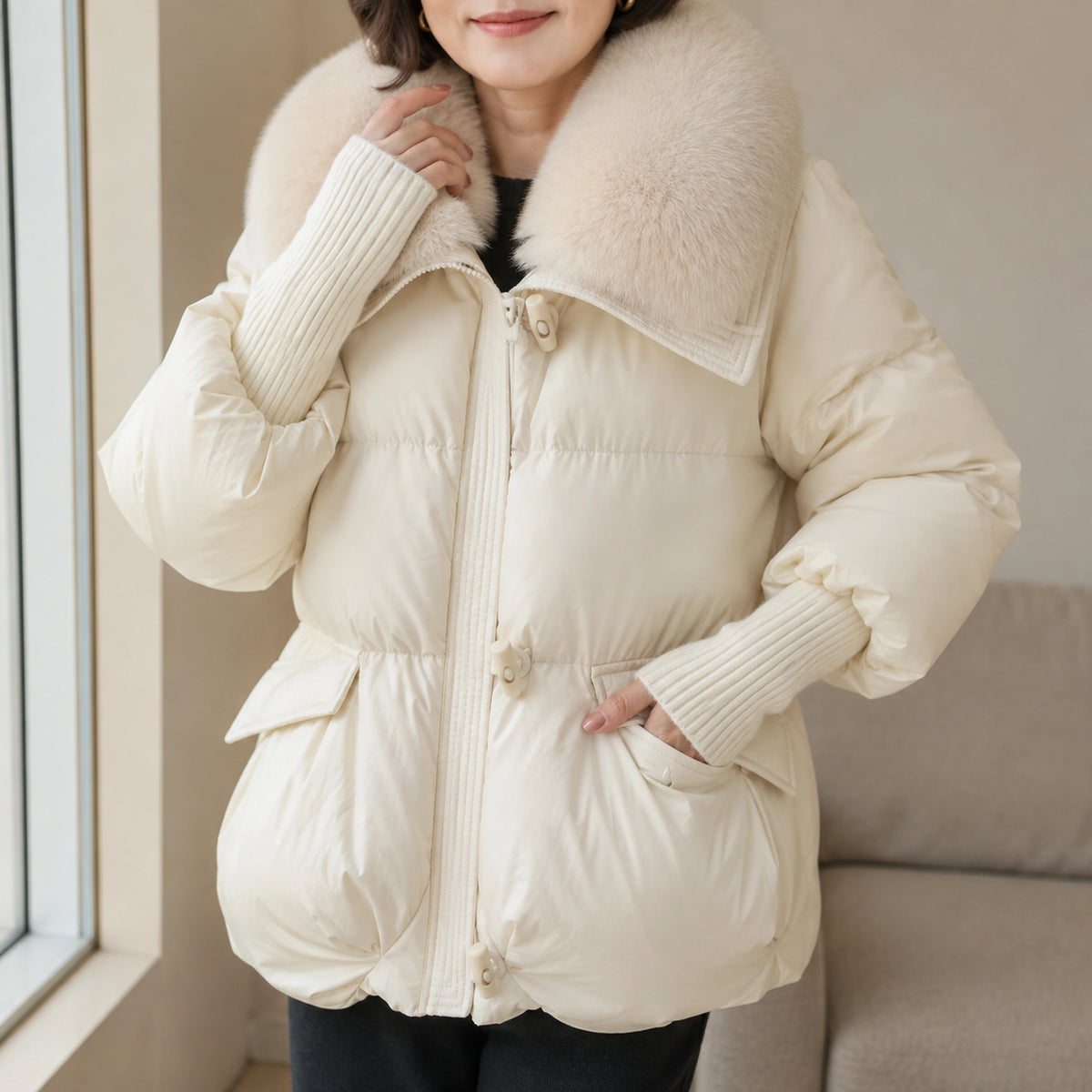 Aurora Plush Collar Padded Parka Coat in Beige, on body detail of zipper, ribbed cuff, and pocket — view 6