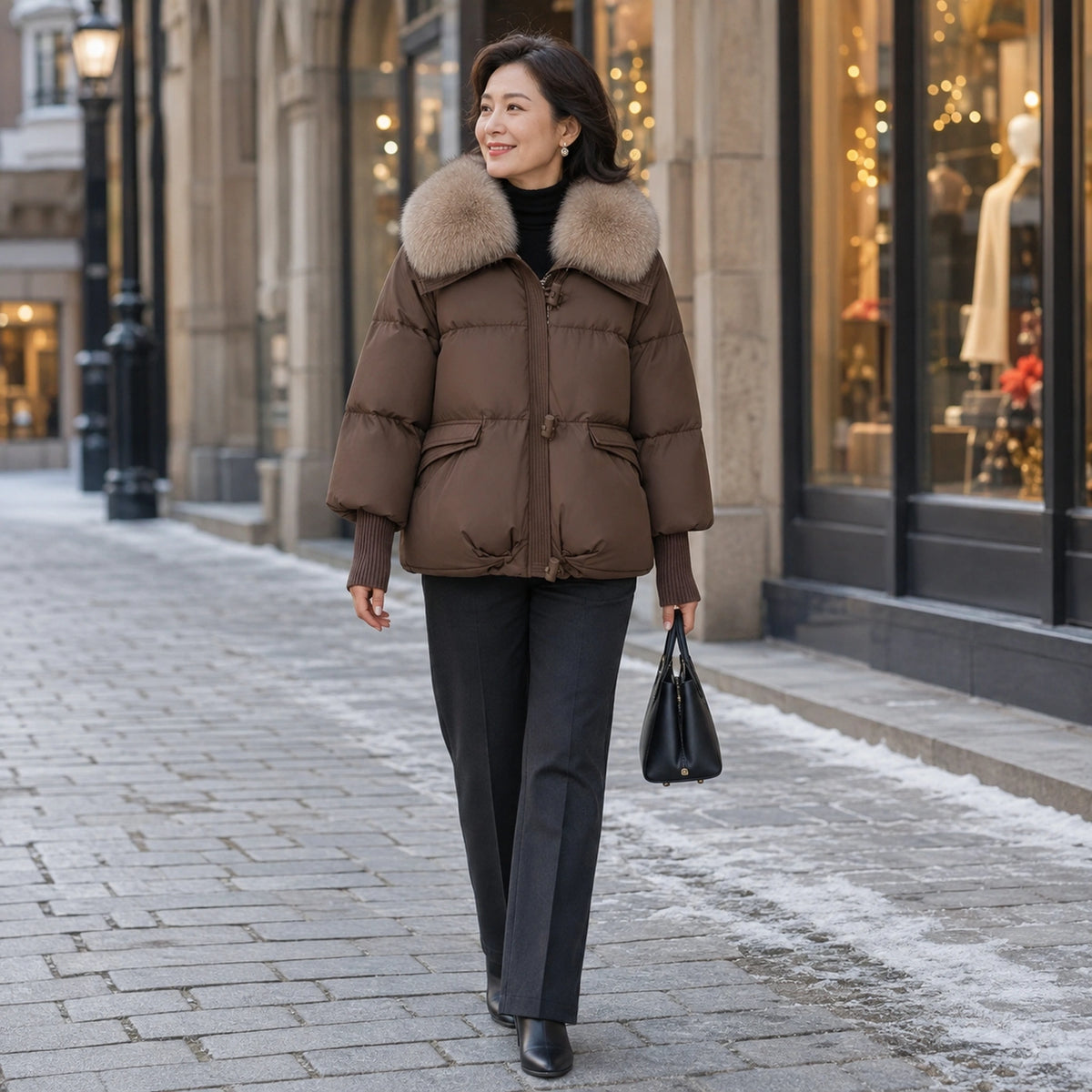 Aurora Plush Collar Padded Parka Coat in Brown, full body walking view — view 7