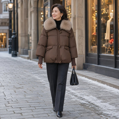 Aurora Plush Collar Padded Parka Coat in Brown, full body walking view — view 7