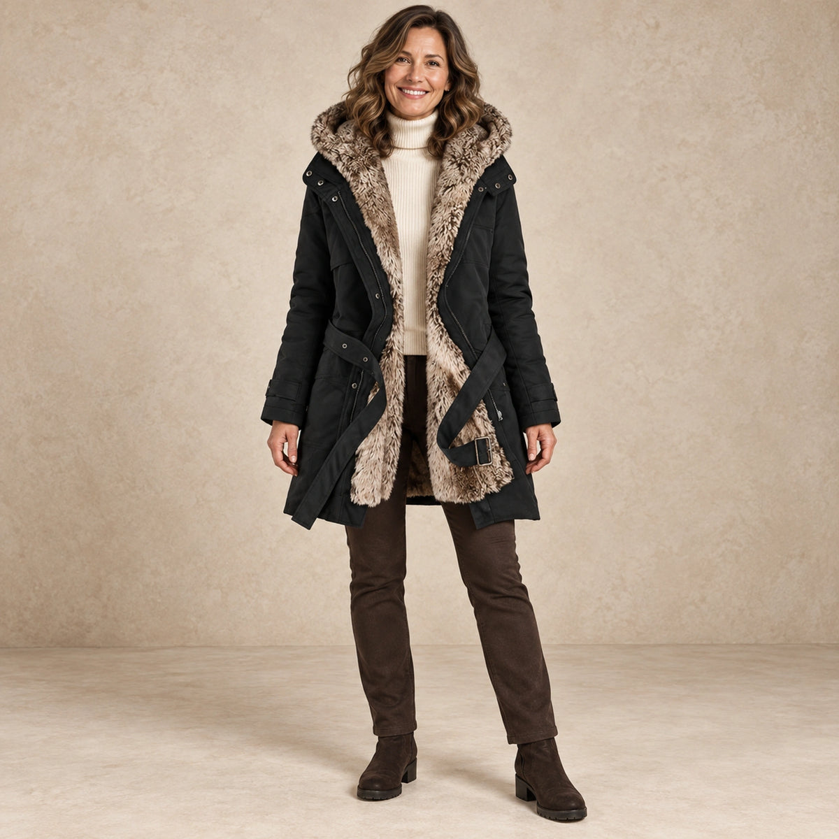 parka coat — Image; complete full front view; Black belinda garment worn by a happy adult model