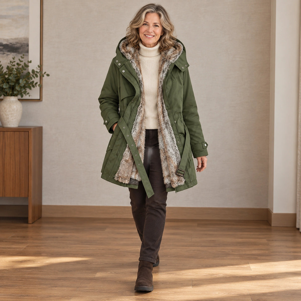 parka coat — Usa and Canada October–December front angle; Green belinda garment worn by a happy adult model — view 5