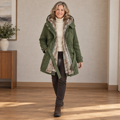 parka coat — Usa and Canada October–December front angle; Green belinda garment worn by a happy adult model — view 5