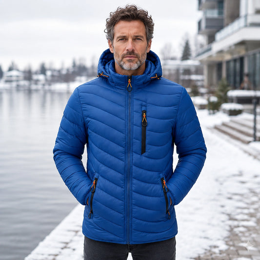 parka coat — Benjamin blue quilted hooded parka complete front view — view 2