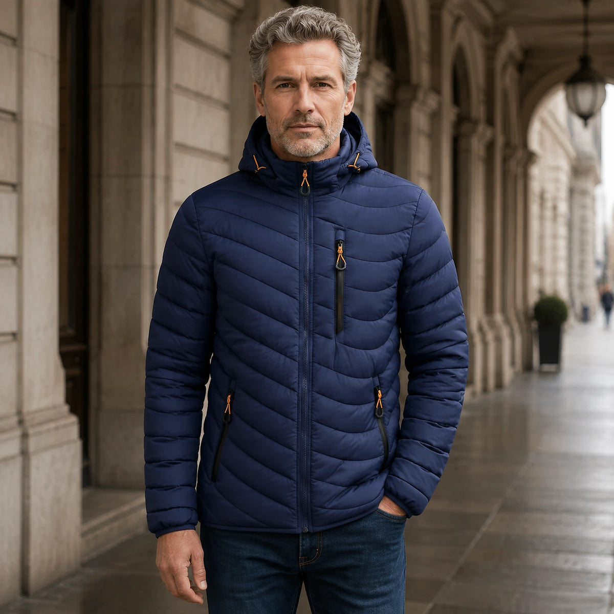 parka coat — Benjamin navy blue quilted hooded parka complete front view — view 3