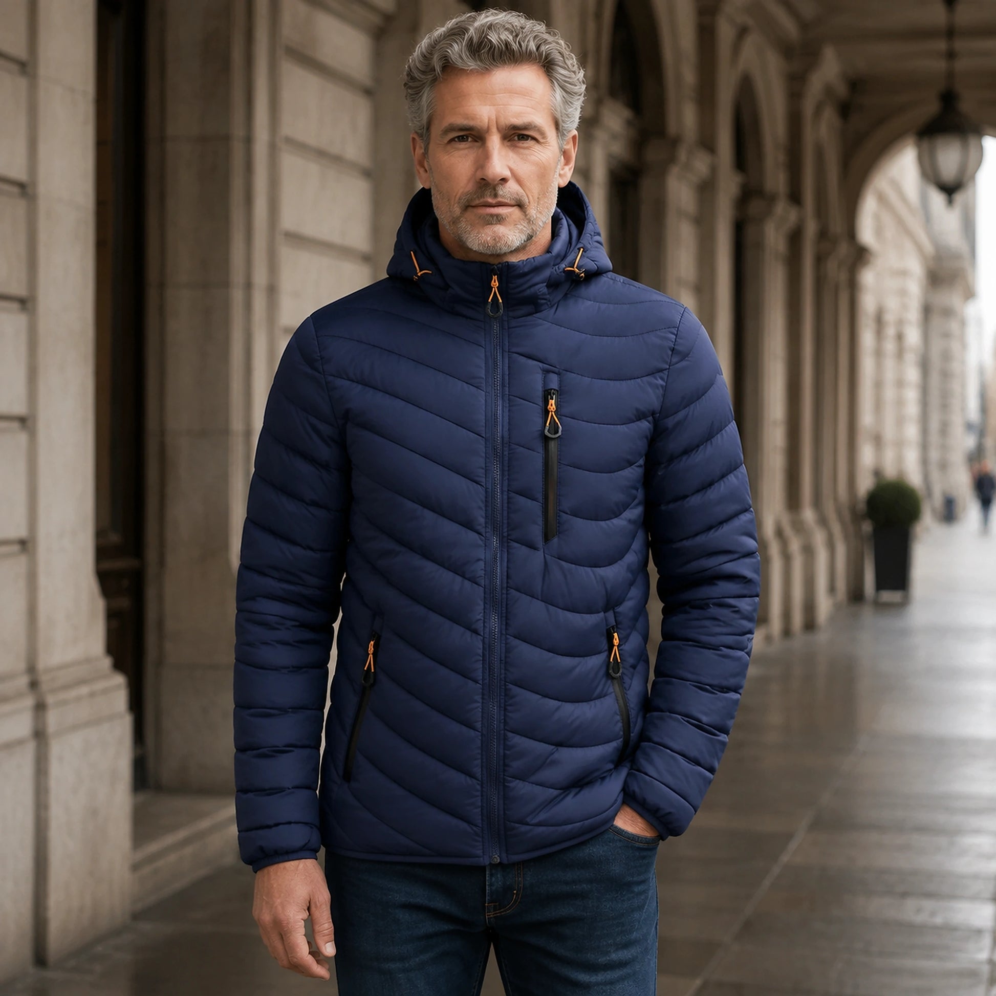 parka coat — Benjamin navy blue quilted hooded parka complete front view — view 3