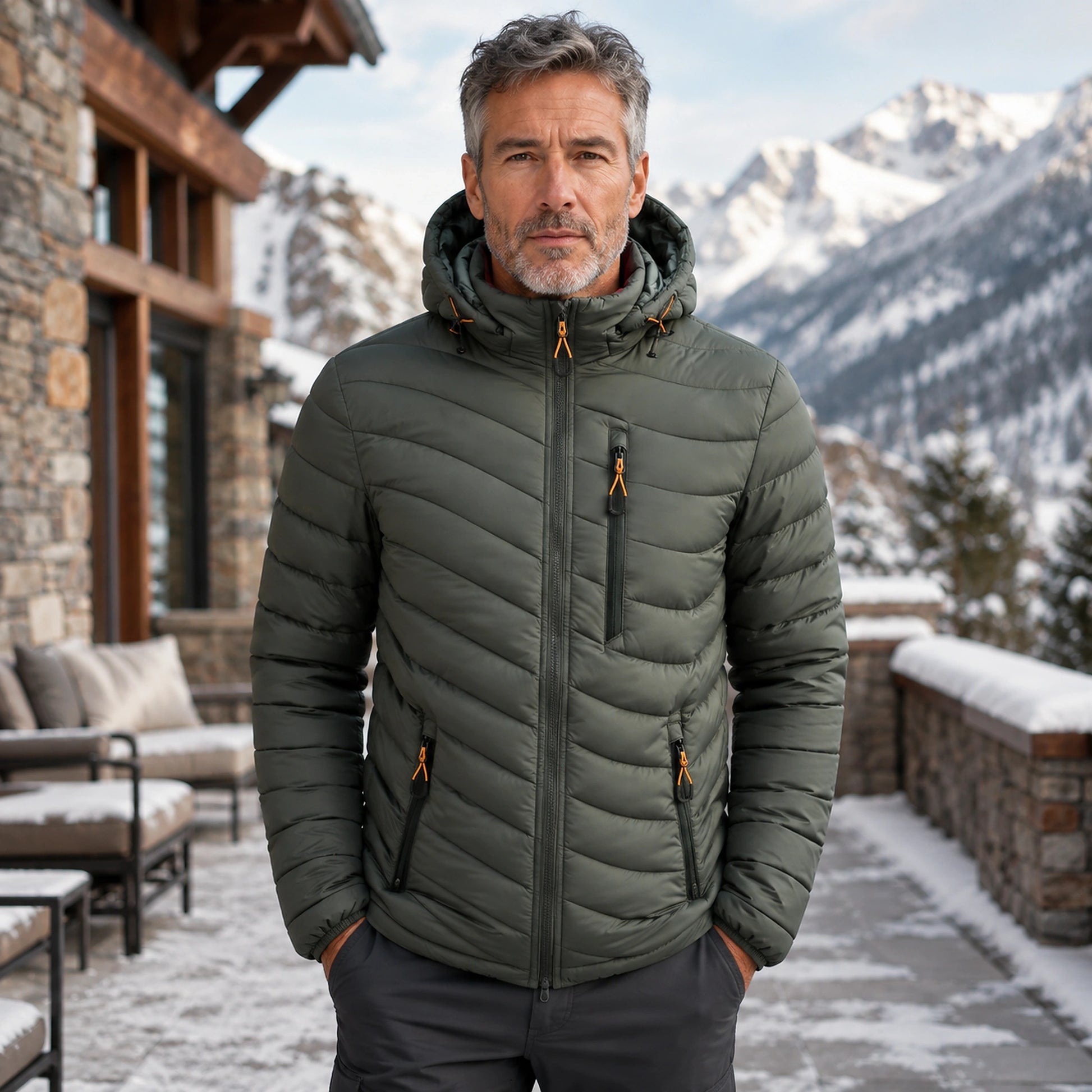 parka coat — Benjamin army green quilted hooded parka complete front view — view 4