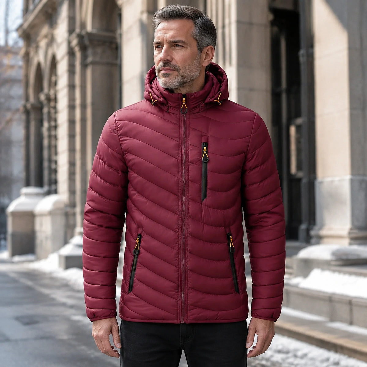 parka coat — Benjamin red quilted hooded parka complete front view — view 5
