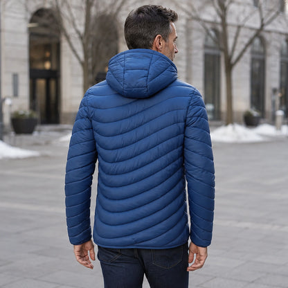 parka coat — Benjamin blue quilted hooded parka three quarter back view — view 6