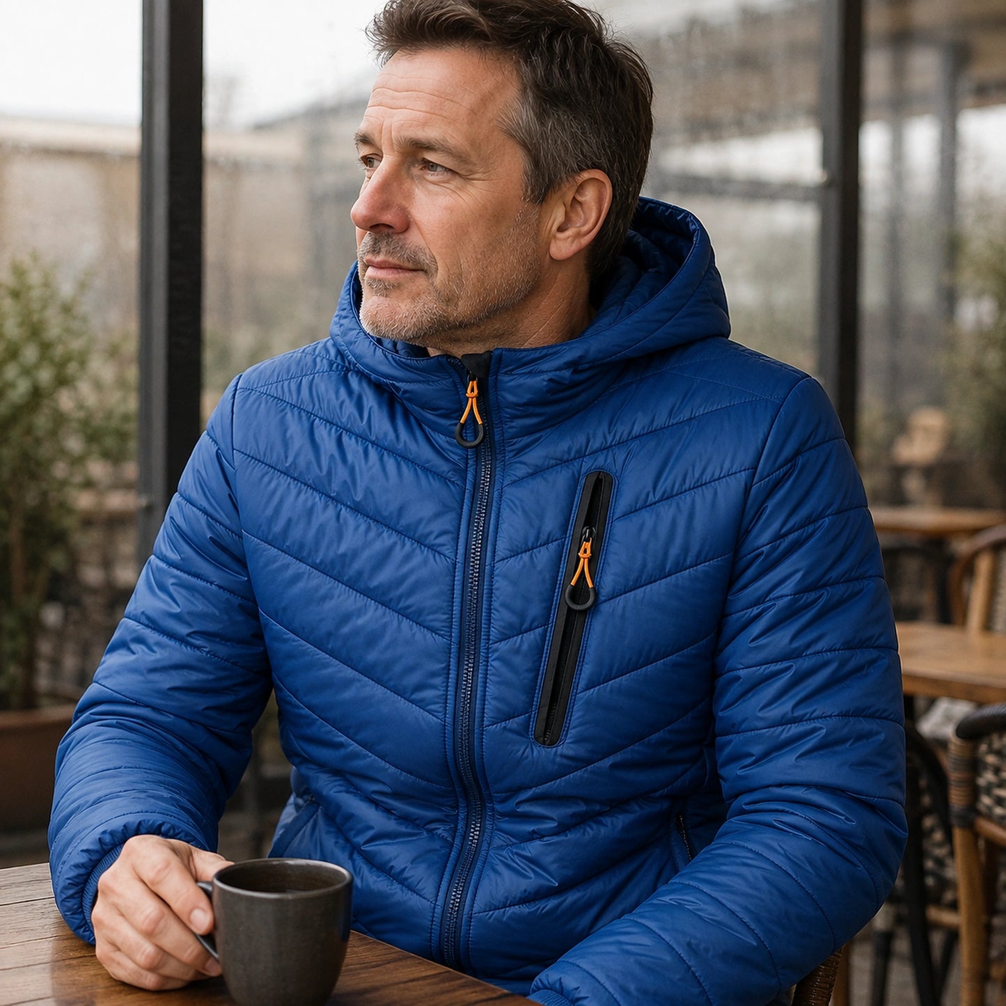 parka coat — Benjamin blue parka quilting chest zipper and fabric detail — view 7