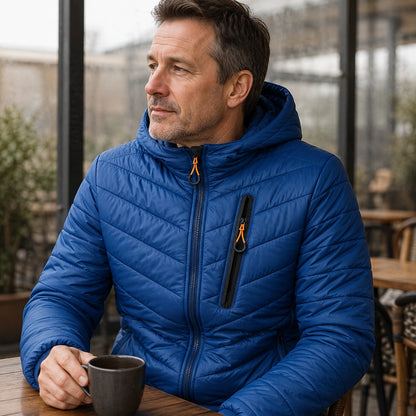 parka coat — Benjamin blue parka quilting chest zipper and fabric detail — view 7