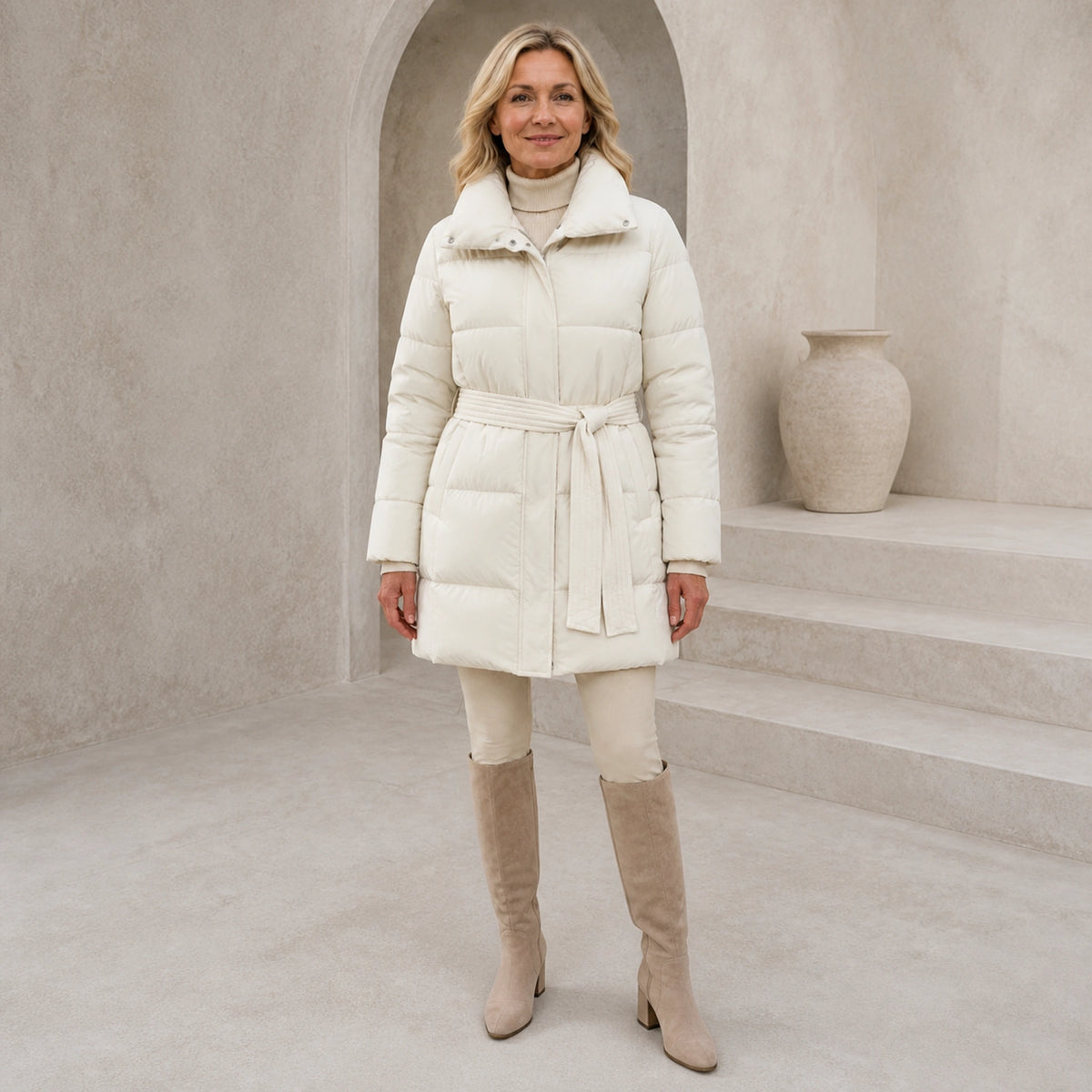 parka coat — Woman wearing ivory belted high collar puffer coat, complete front view — view 3
