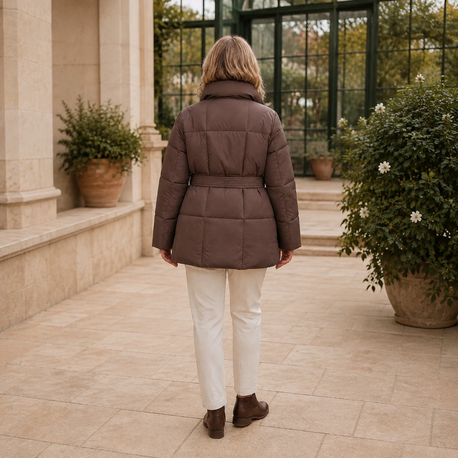 parka coat — Woman wearing mocha brown belted high collar puffer coat, complete rear view — view 4