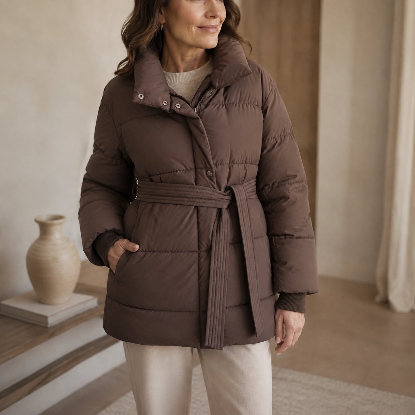 parka coat — Mocha brown puffer coat padded collar, closure, belt and cuff detail — view 5